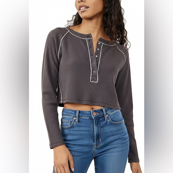 Free People Tops - Free People Early Nights Heather Grey Henley Thermal Long Sleeve Top Size Small